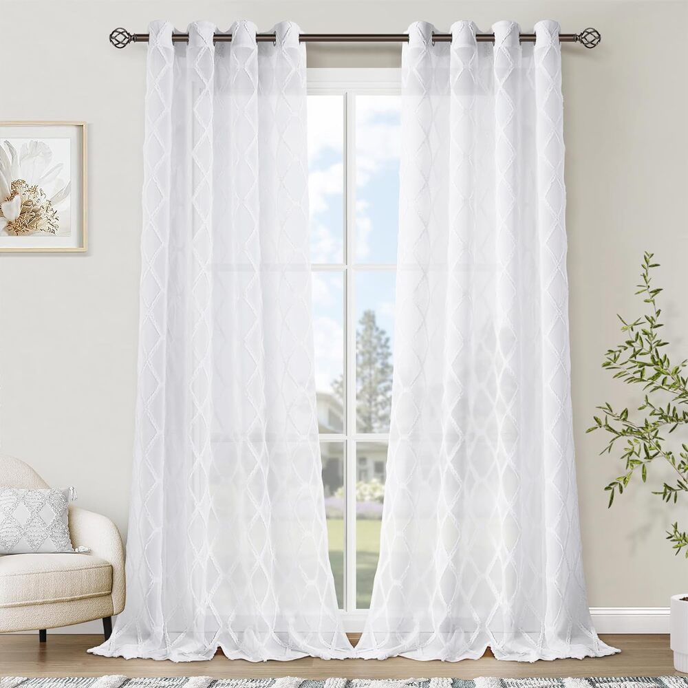 Sheer Curtains Bedroom/Living Room Trellis Pattern 54 x 108, 2 Panels White